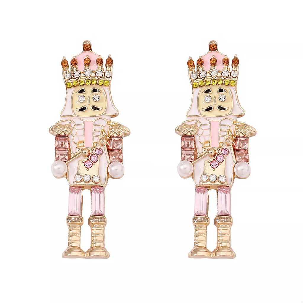 Boucles Casse-Noisette : paire pendante de Noël, détails dorés, strass et perles synthétiques