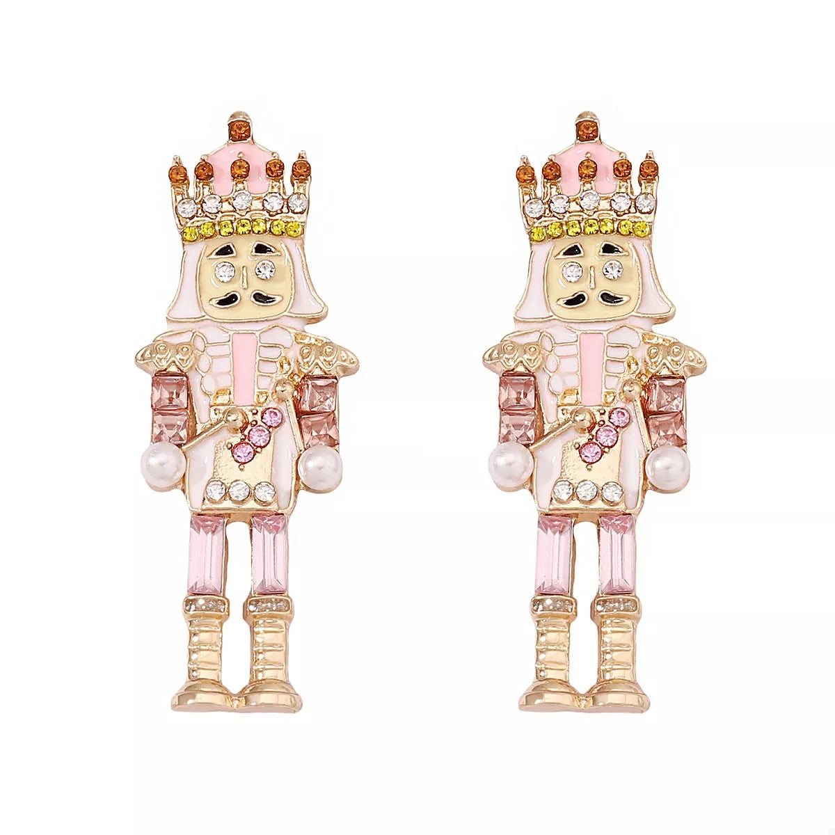 Boucles Casse-Noisette : paire pendante de Noël, détails dorés, strass et perles synthétiques