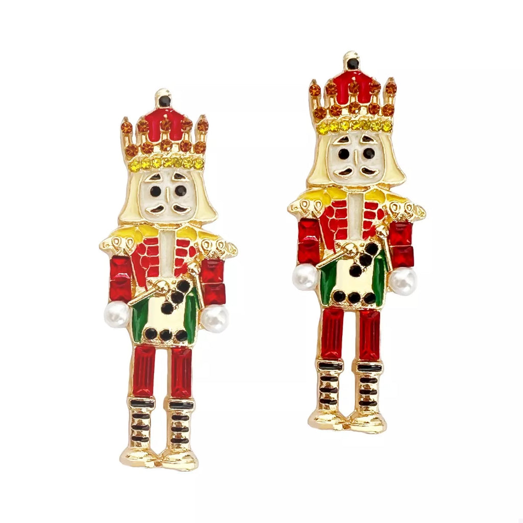Boucles Casse-Noisette : paire pendante de Noël, détails dorés, strass et perles synthétiques