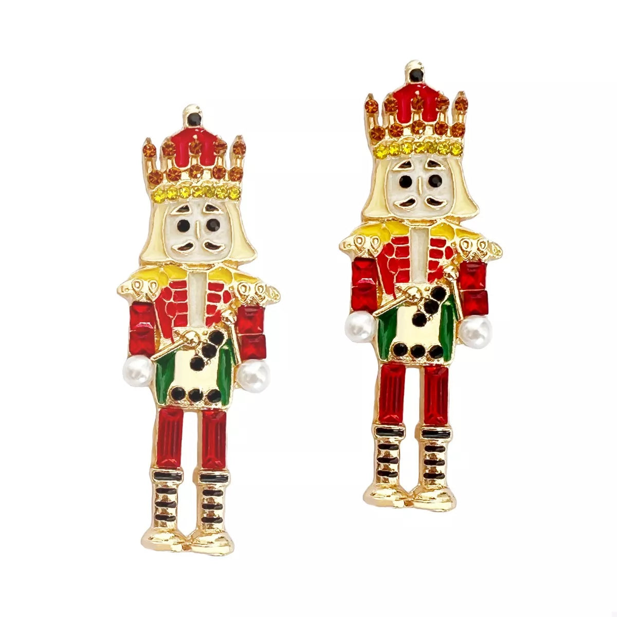 Boucles Casse-Noisette : paire pendante de Noël, détails dorés, strass et perles synthétiques