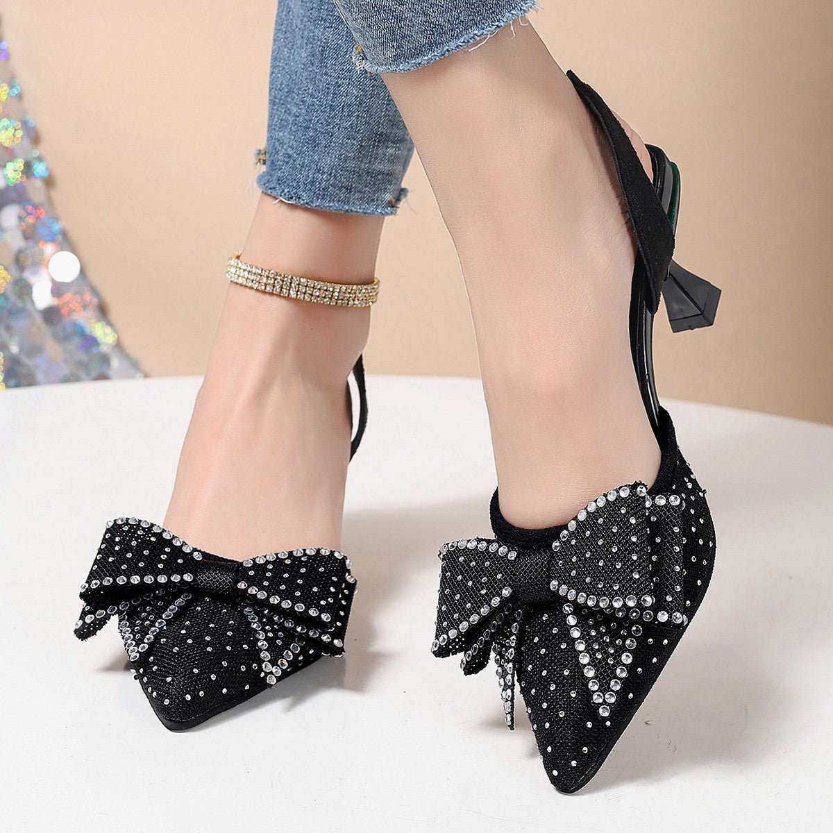 Escarpins Minuit en fête : nœud à strass et bride arrière, présentation 3