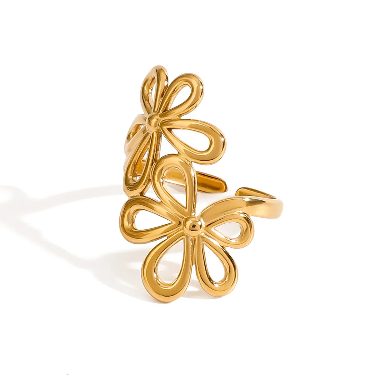Bague Floraison libre en acier doré : deux fleurs ajourées, vue 4