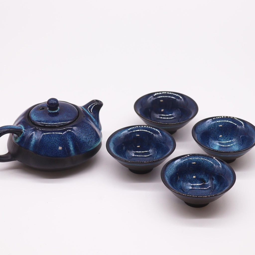 Service à thé Bleu nuancé — Théière & quatre tasses