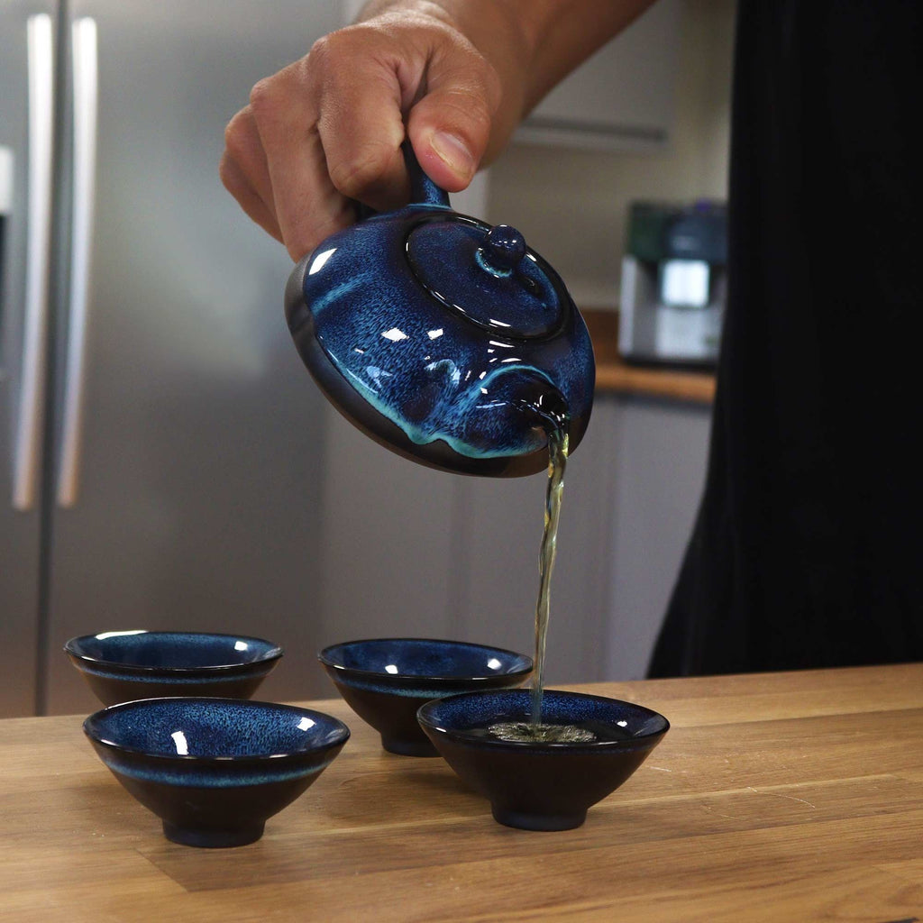 Service à thé Bleu nuancé — Théière & quatre tasses