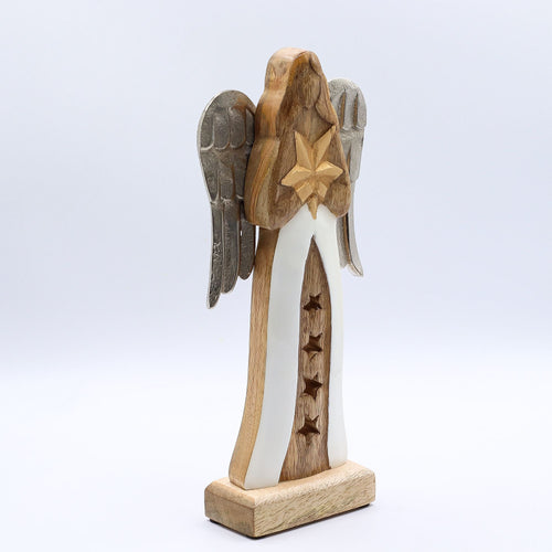 Ange Étoile douce — Bois de manguier et ailes patinées, 30 cm