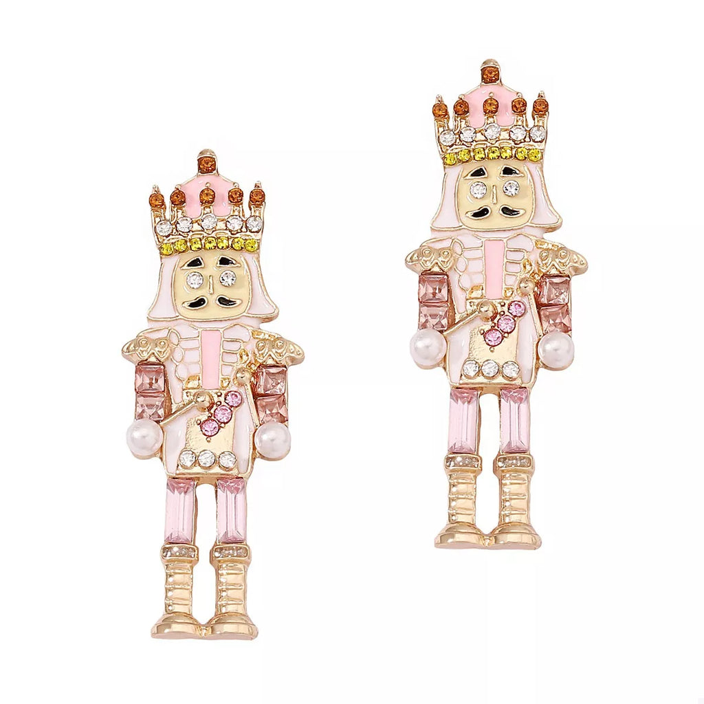 Boucles Casse-Noisette : paire pendante de Noël, détails dorés, strass et perles synthétiques