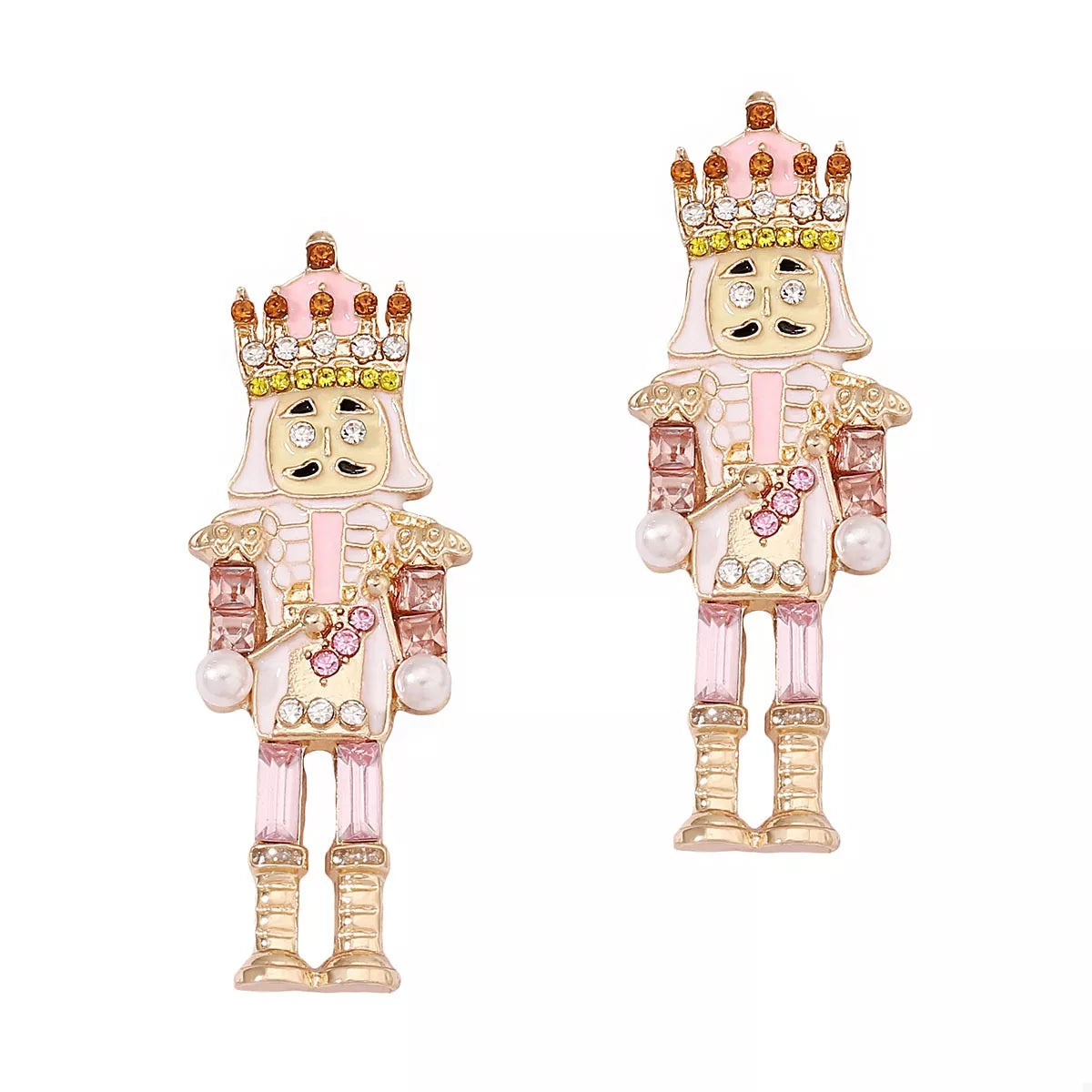 Boucles Casse-Noisette : paire pendante de Noël, détails dorés, strass et perles synthétiques