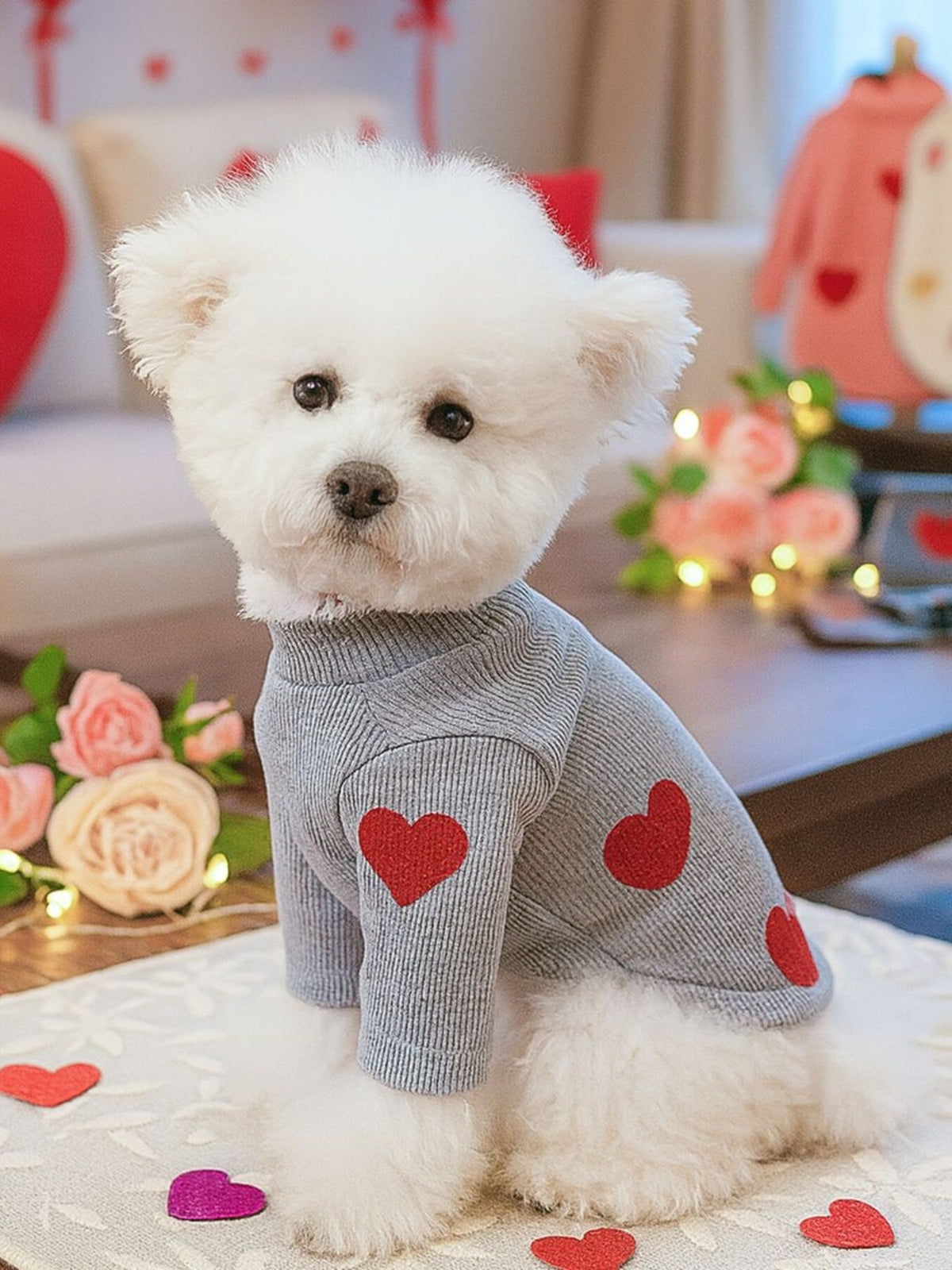 Pull Complice de cœur pour animaux : maille à cœurs, vue 1