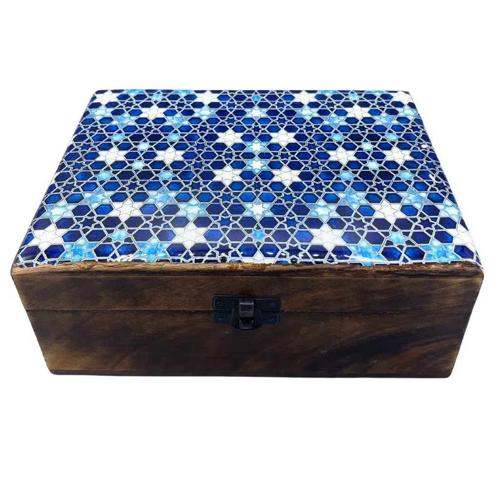 Boîte en bois de manguier avec dessus en céramique à motifs étoiles bleues