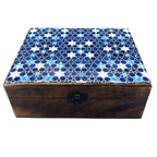 Boîte en bois de manguier avec dessus en céramique à motifs étoiles bleues