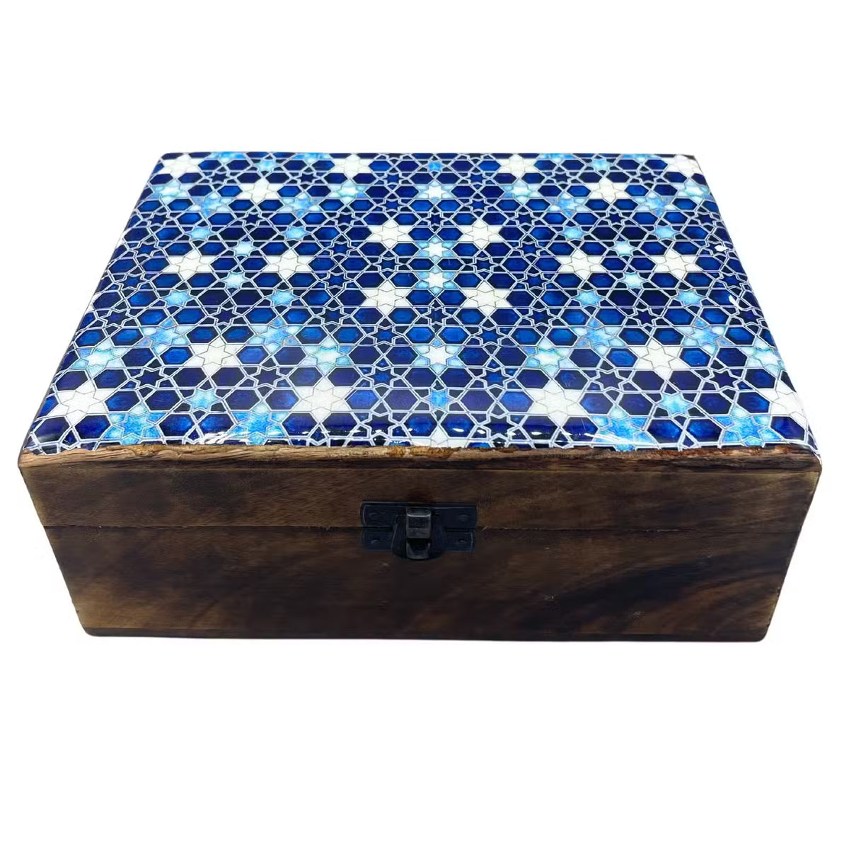 Boîte en bois de manguier avec dessus en céramique à motifs étoiles bleues