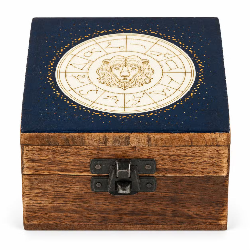 Coffret Lion céleste, bois et décor bleu nuit et doré