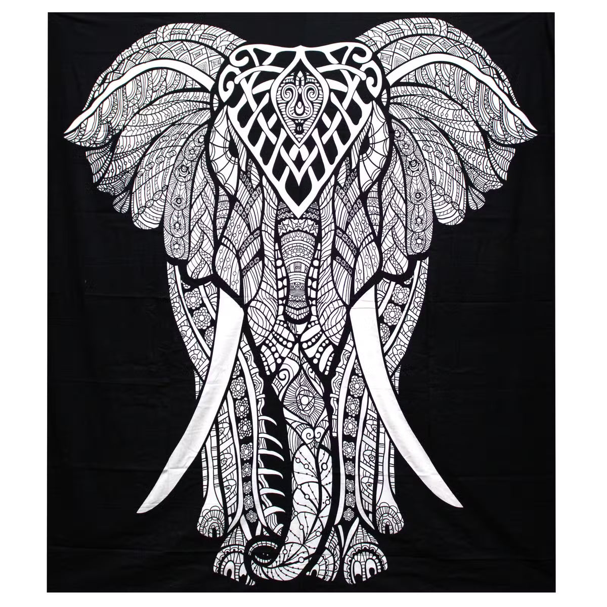 Grande étoffe noire et blanche, motif éléphant, 230 × 200 cm