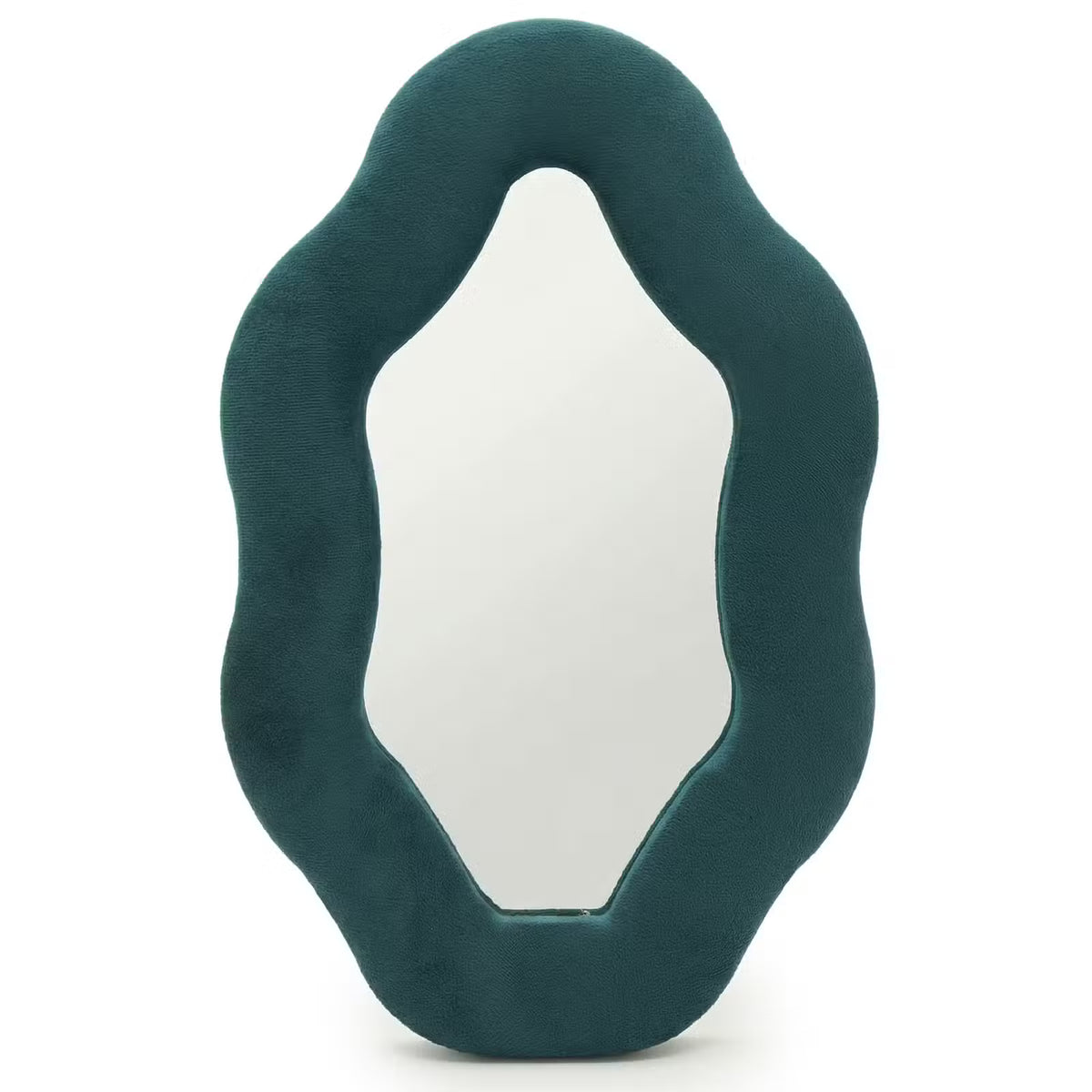 Miroir ovale irrégulier avec cadre en velours bleu-vert