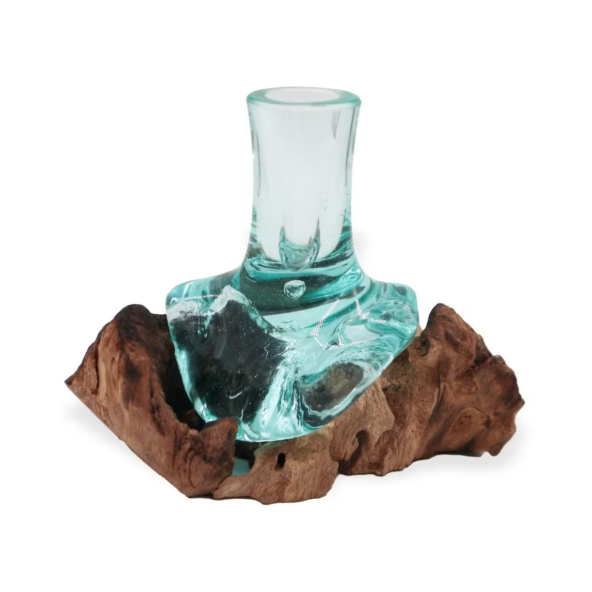 Petit vase en verre soufflé épousant une racine en bois naturel
