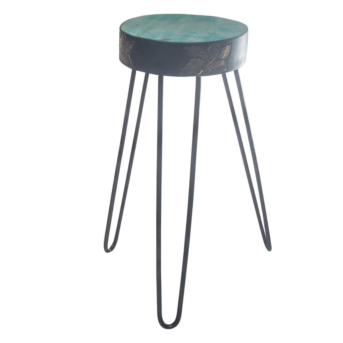 Support Échappée végétale en bois patiné turquoise et pieds métalliques