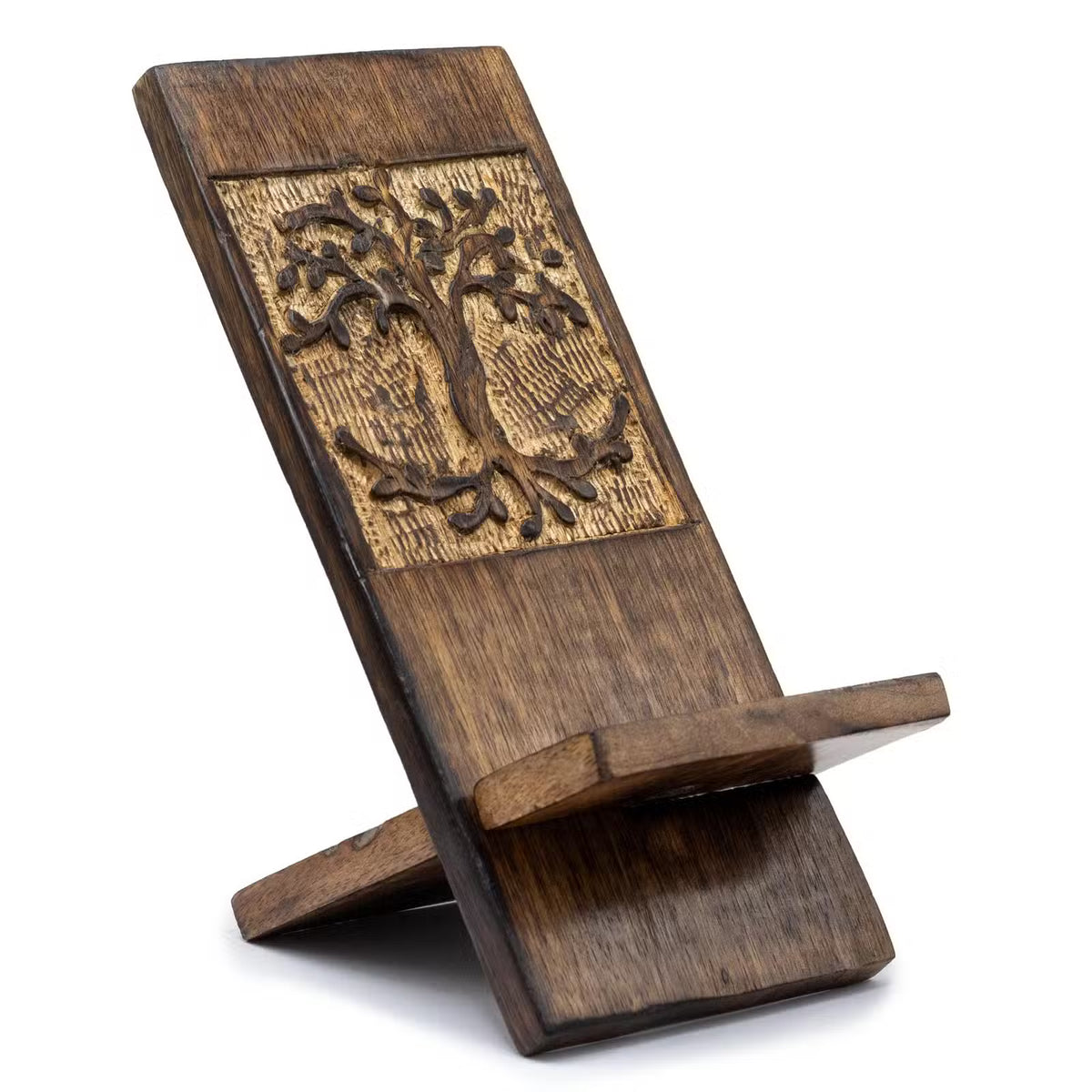 Support de téléphone en bois de manguier sculpté d’un arbre de vie